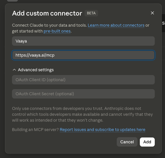 Claude’s Add custom connector form — just the Name and Remote MCP server URL fields; Advanced settings stay empty